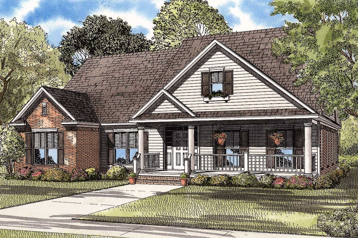 Craftsman house plan exterior with a wraparound porch, brick accents, dormer, and gabled roof.