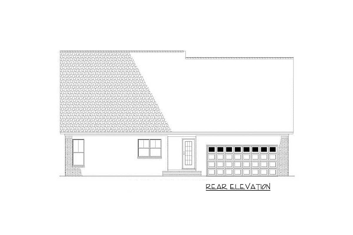 Rear elevation drawing of a one-story house plan with a steeply pitched roof, a garage, and two windows.