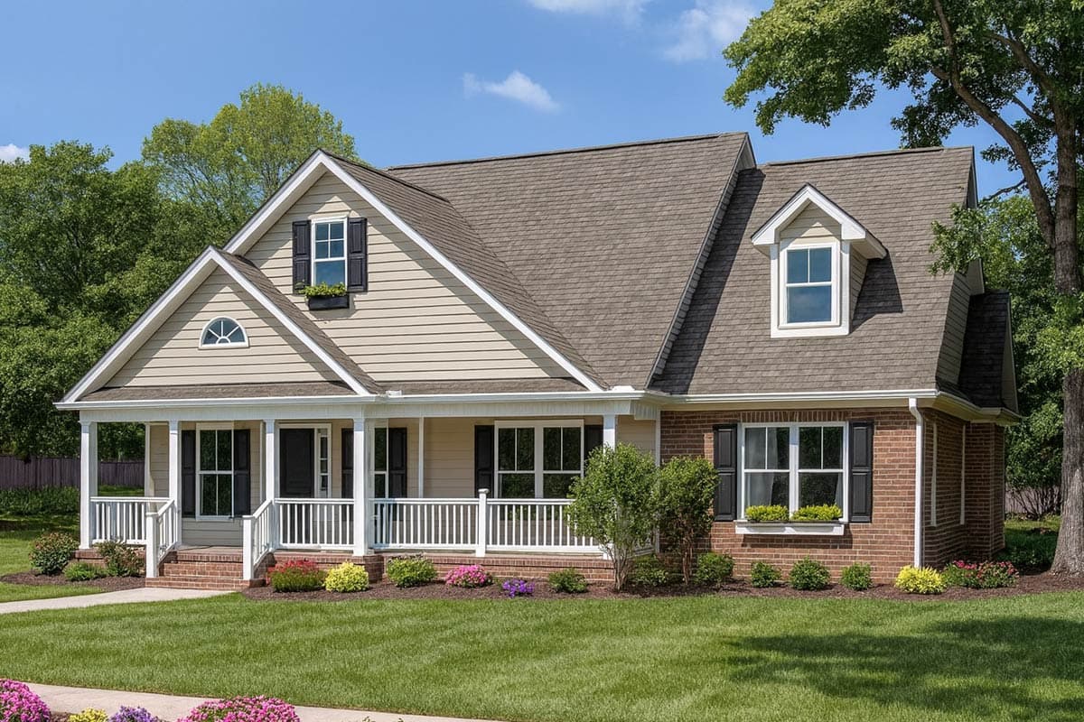 House plan exterior. Two-story home with a gabled roof, front porch with columns and railing, and dormer window. Brick and siding exterior.