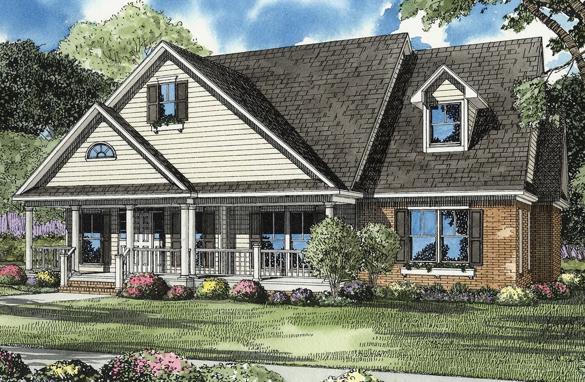 House plan exterior: Traditional style, two-story with full-width covered porch, prominent gables, and dormer window.