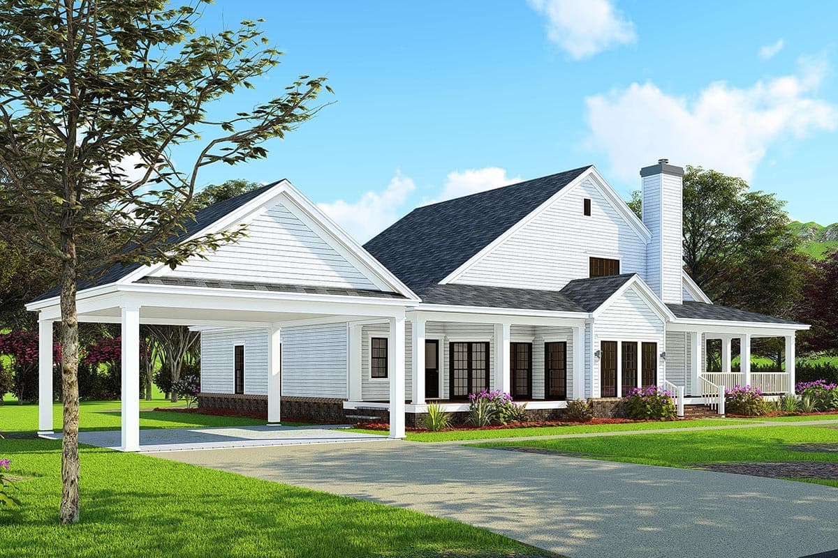 House plan exterior: Modern Farmhouse style with a covered carport, wraparound porch, and prominent chimney.
