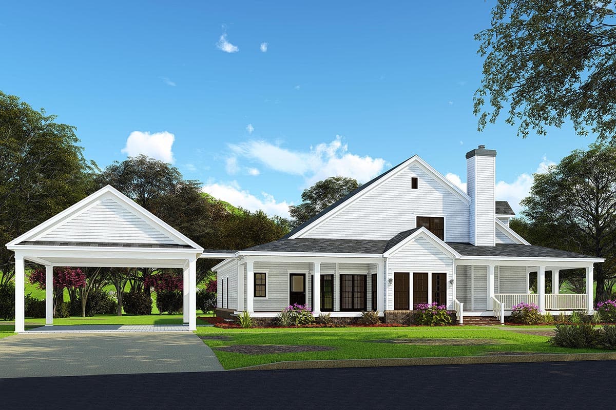 House plan exterior: Modern Farmhouse style, two stories, white siding, wrap-around porch, attached carport, and prominent chimney.