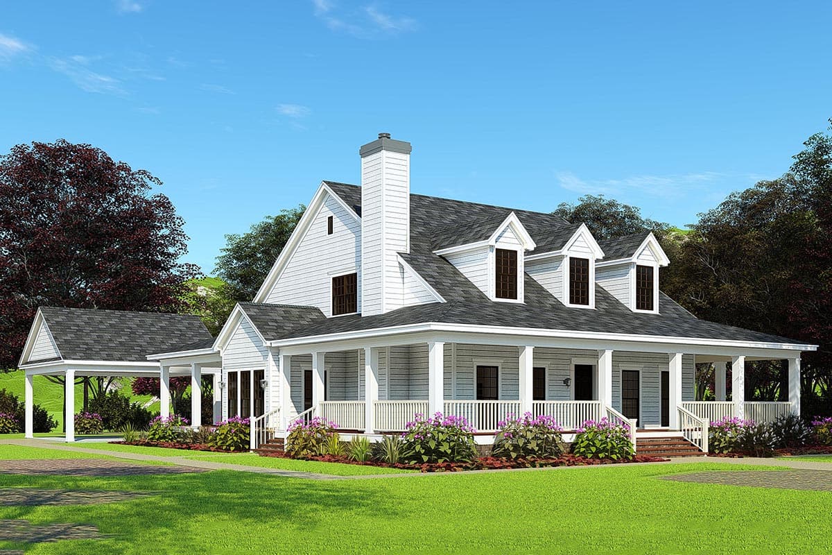 House plan exterior featuring a two-story farmhouse style with a wraparound porch, gabled roof, and dormer windows.