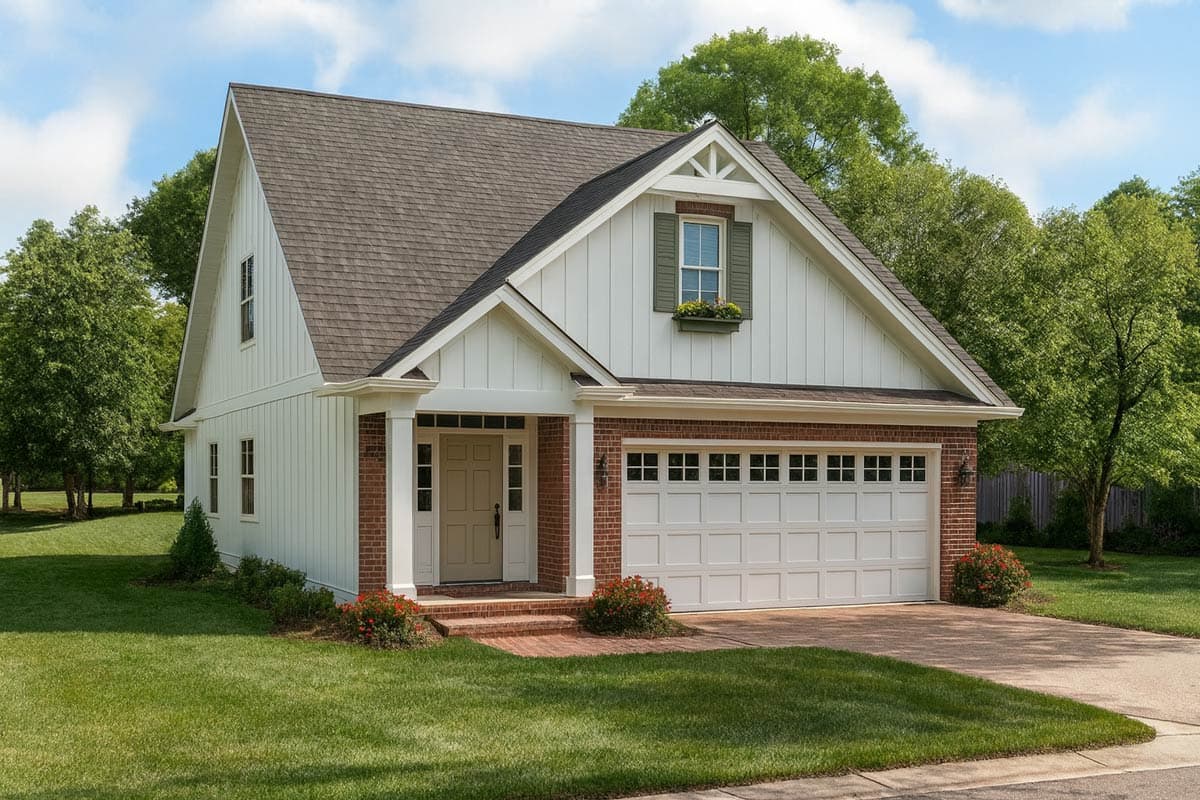 House plan exterior. Two-story Craftsman home with a gabled roof, brick accents, a front porch, and an attached garage.