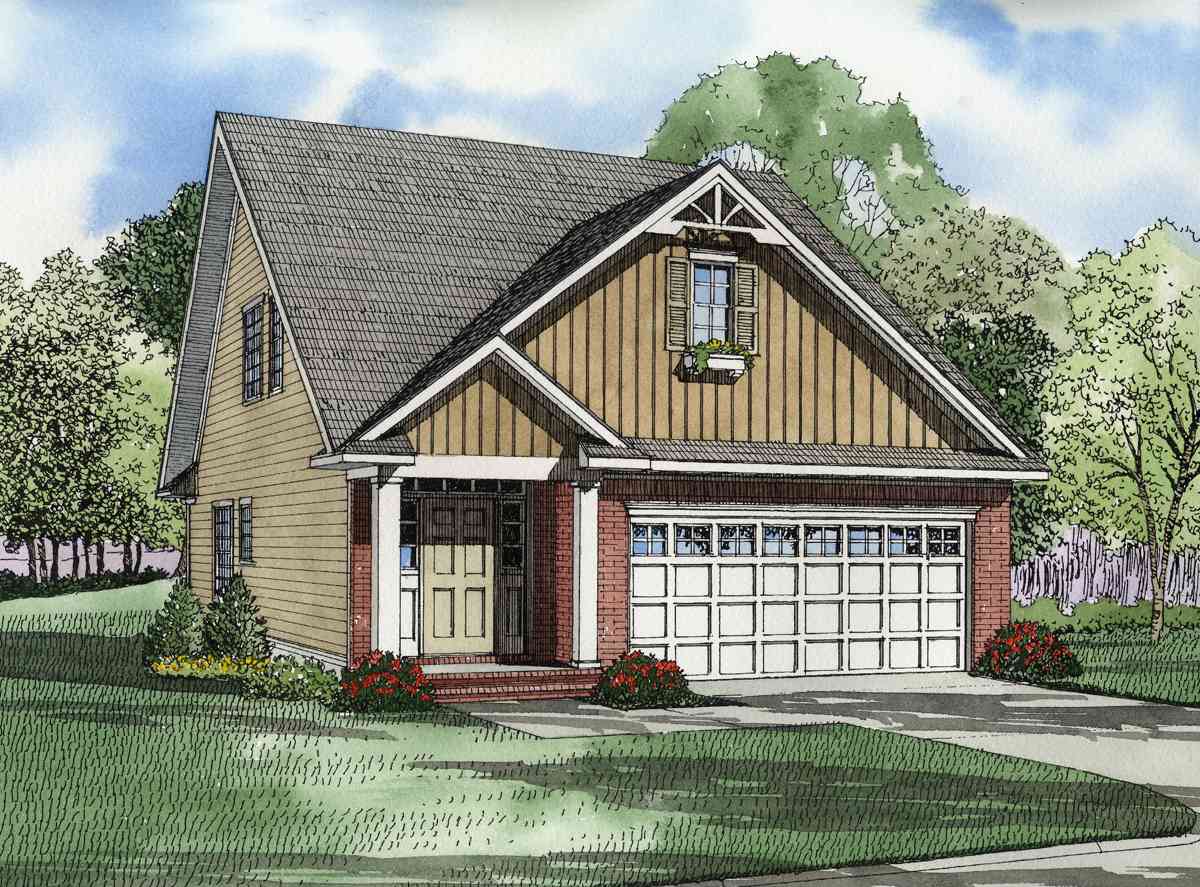 House plan exterior showing a two-story home with a prominent gable, brick base, covered entry with columns, and a side-facing garage.