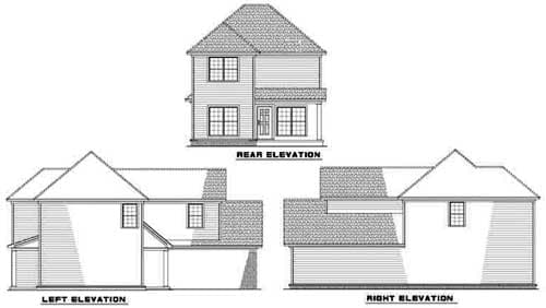House plan rear, left, and right elevations showing a two-story home with gabled roofs and double-hung windows.