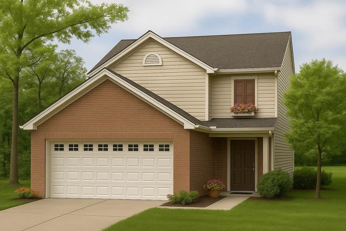 House plan exterior. Two-story home with a brick and siding facade, gabled roof, and attached garage. Includes a covered front entry.