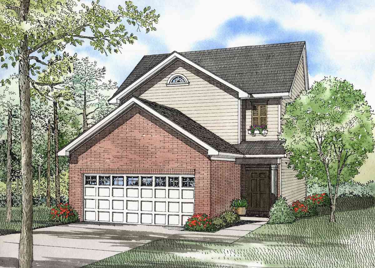 House plan exterior: Two-story home with brick front, vinyl siding, gable roof, dormer window, and attached two-car garage.