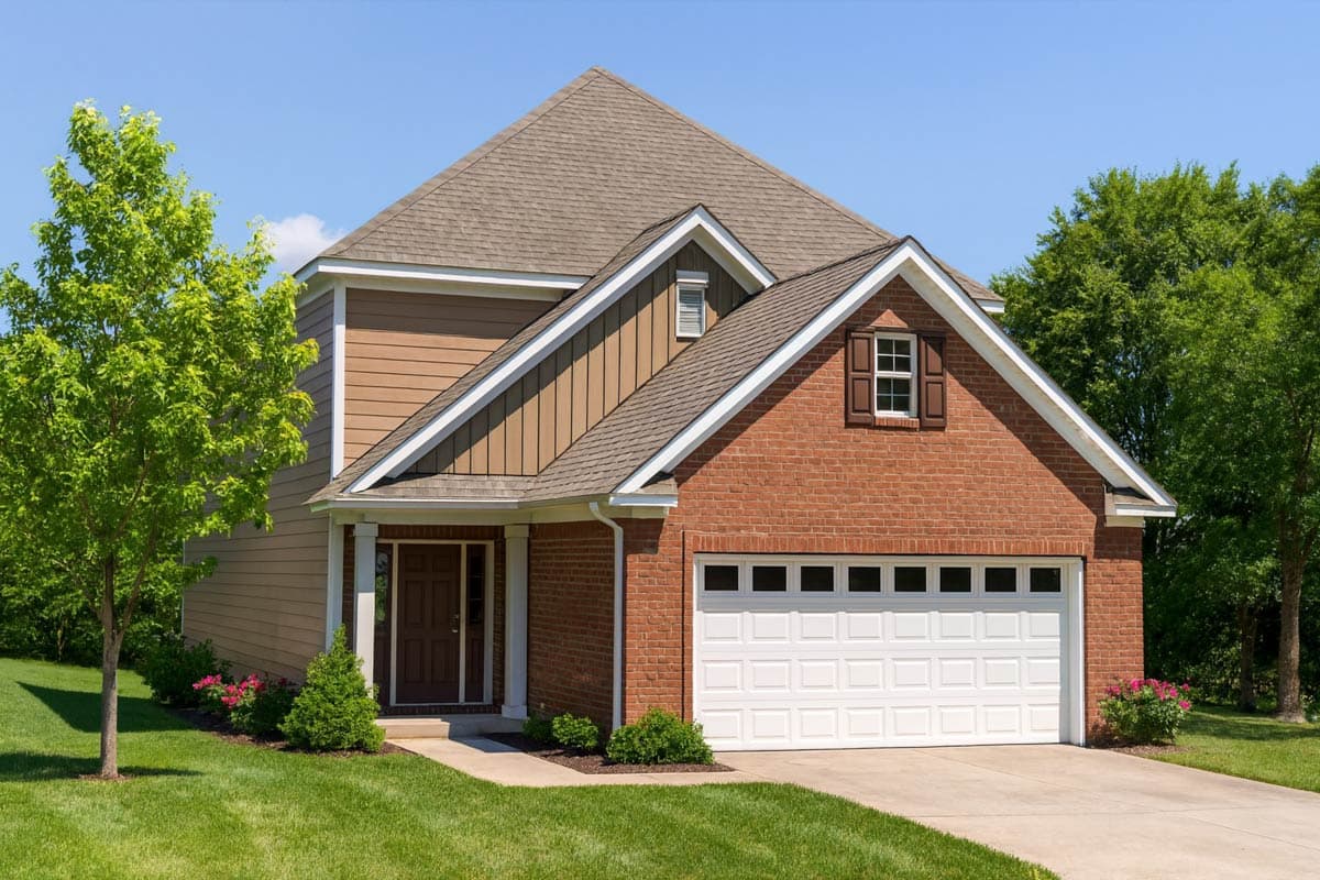 House plan exterior of a two-story home with brick and vinyl siding, gabled roof, front entrance, and attached garage.
