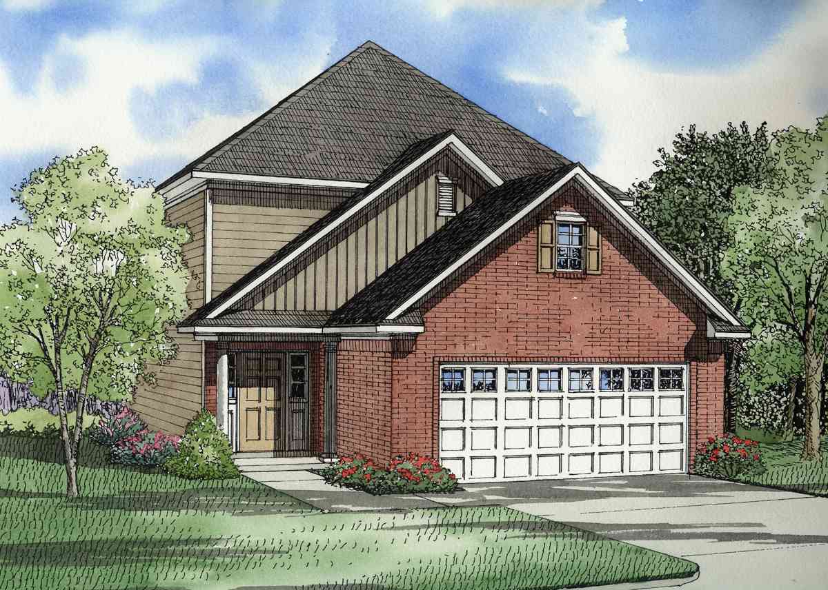 House plan exterior: Two-story home with brick and vinyl siding, gabled roof, dormer window, covered entry, and attached two-car garage.