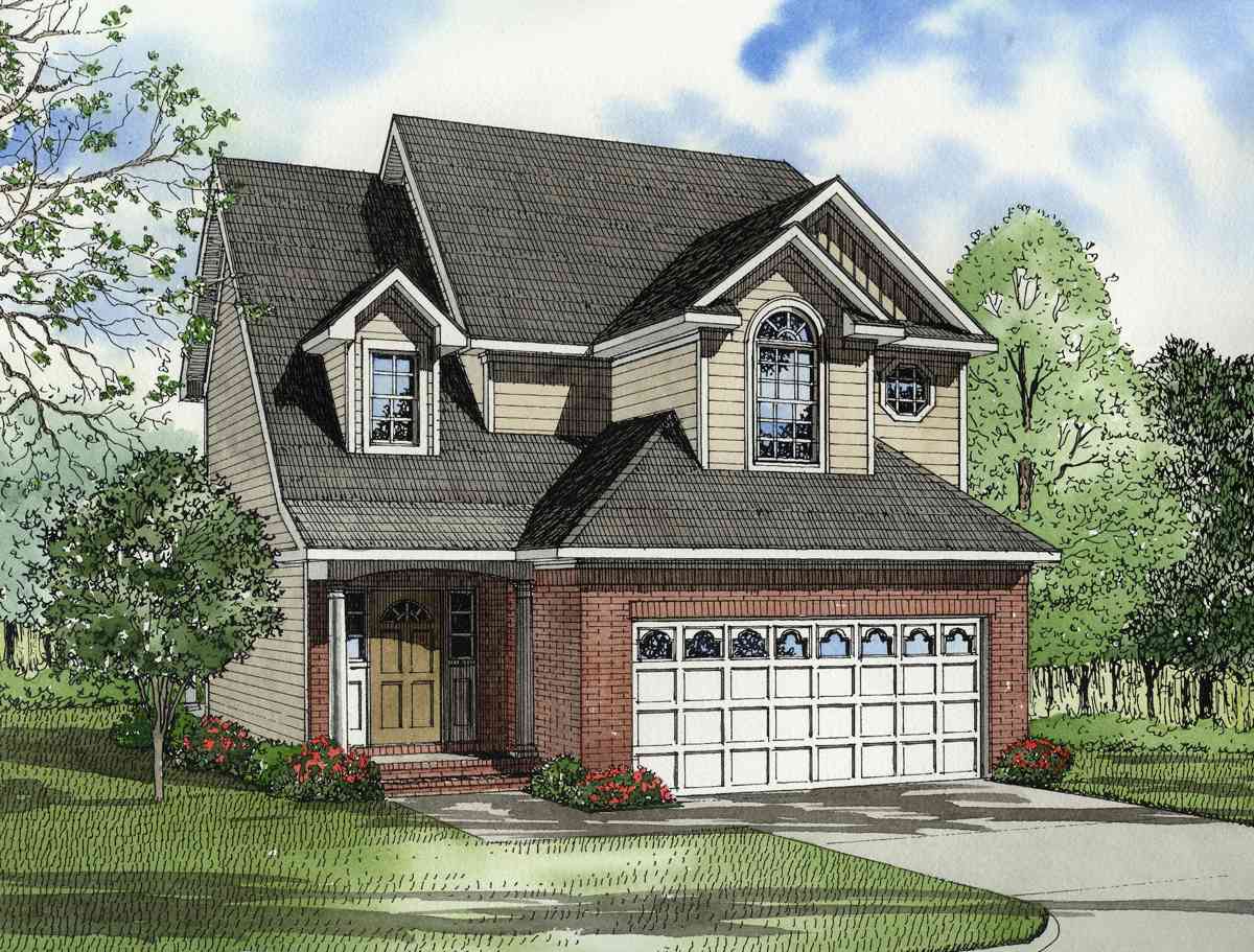 House plan exterior with brick base, double garage, front porch, and dormer windows on a steeply pitched roof.