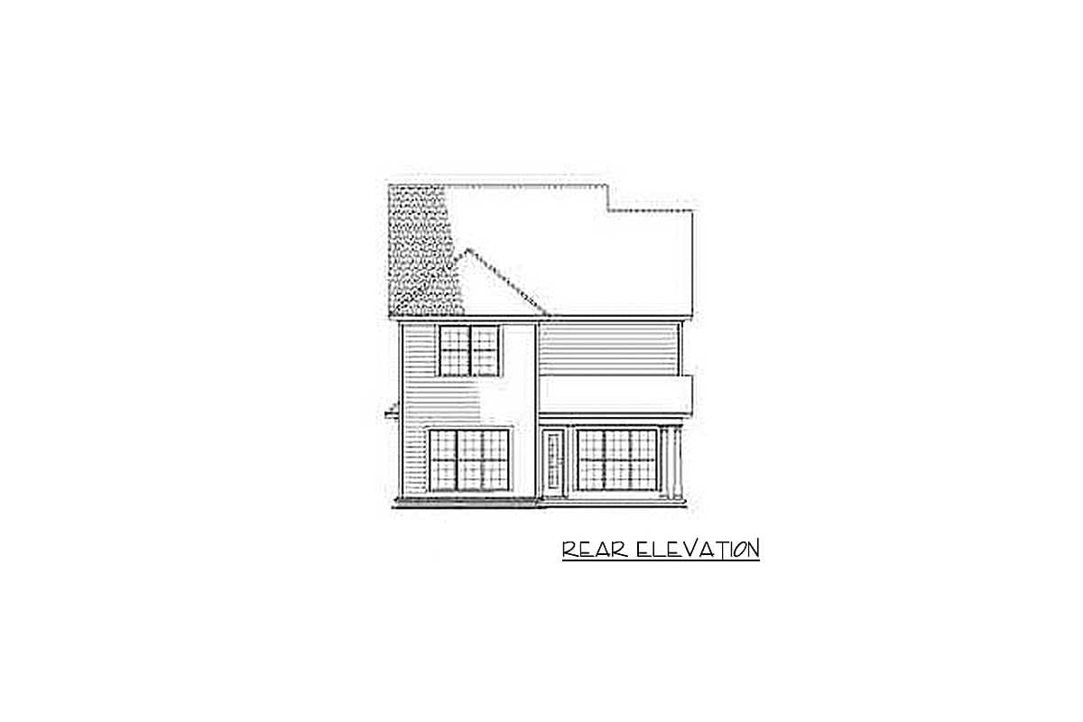 Rear elevation drawing of a two-story house with a hip roof, dormer, and large rear windows.