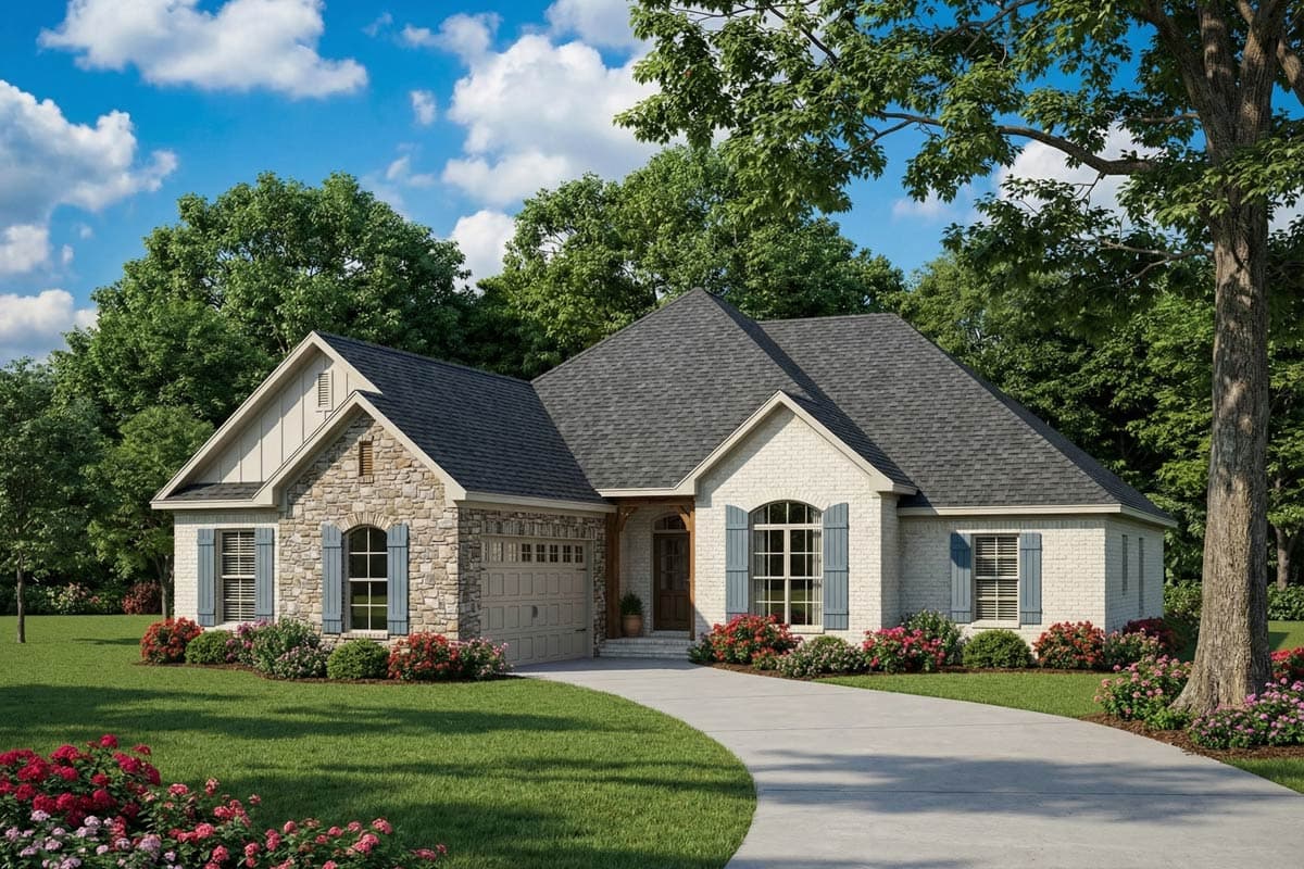House plan exterior: One-story ranch with stone accents, dormers, covered entry, and attached garage.