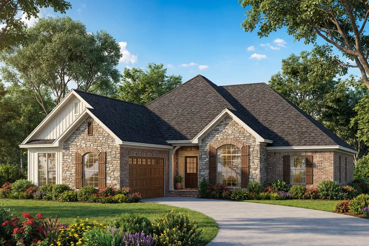 A craftsman-style house with stone and brick exterior sits among lush greenery and a curving driveway on a sunny day.