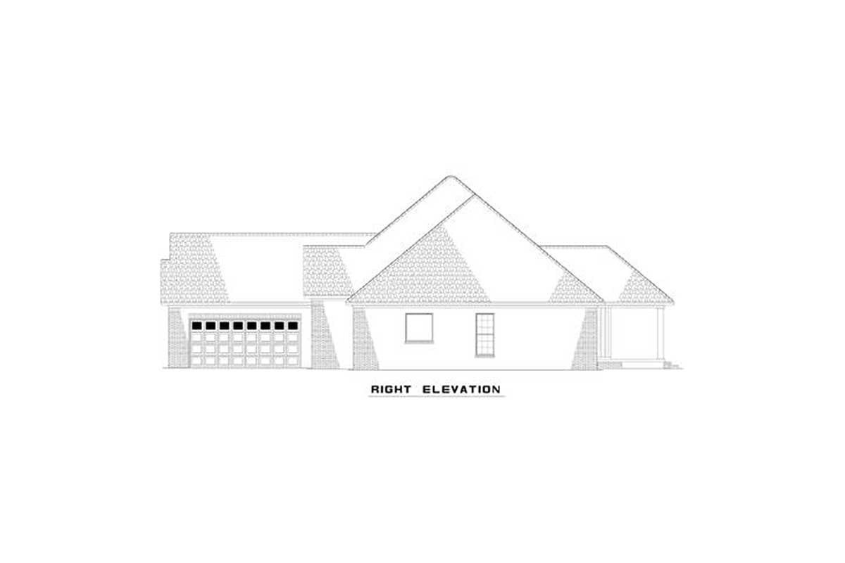 House plan right elevation showing a brick garage door, gable rooflines, and a covered porch.
