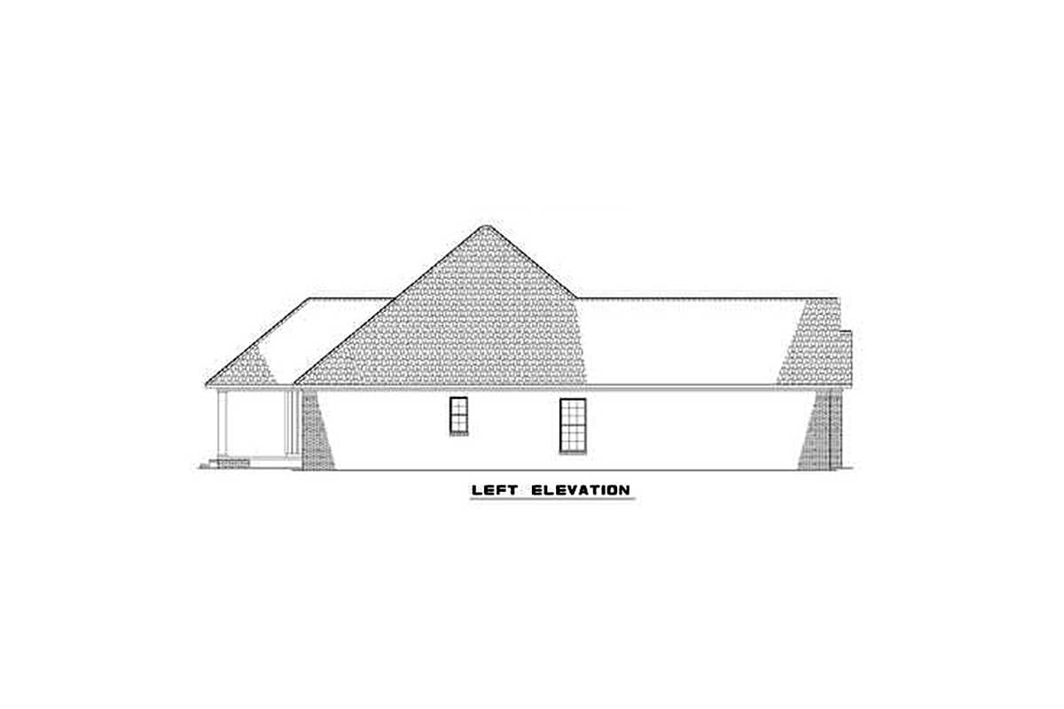 Left elevation drawing of a house plan featuring a prominent gable, dormer, porch with stone accents, and two windows.