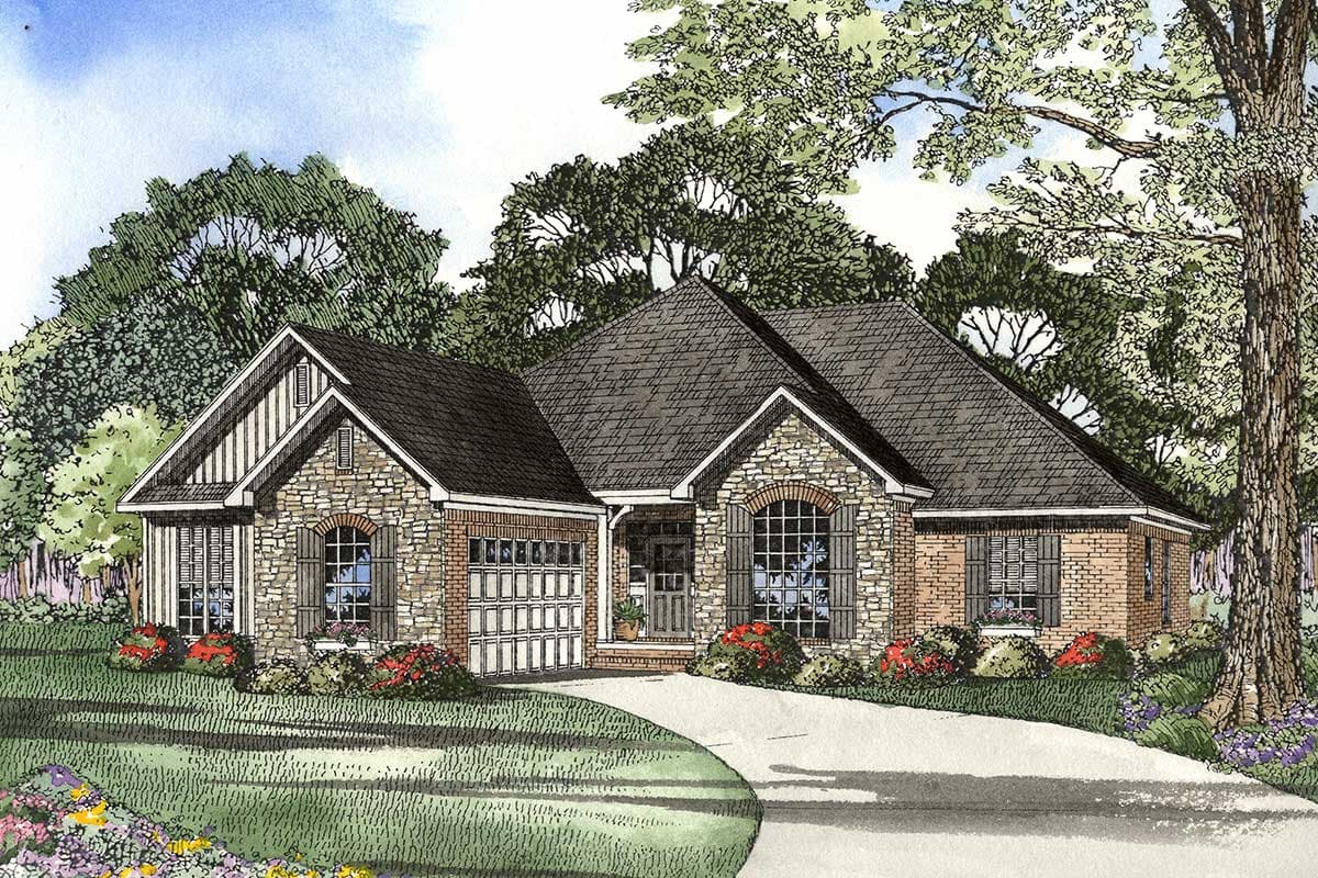 House plan exterior: Single-story home with stone and brick facade, prominent gables, and attached garage.