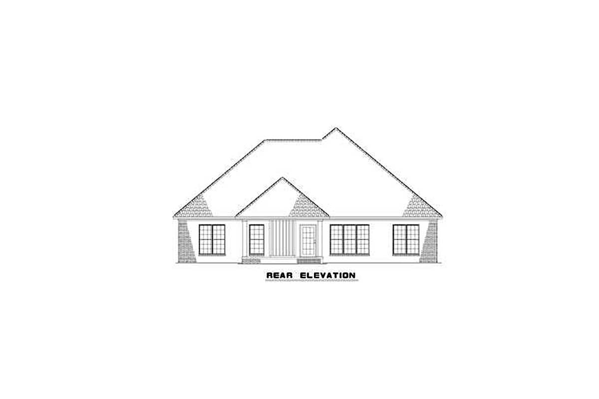Rear elevation drawing of a one-story house plan with a prominent gable and multiple windows.