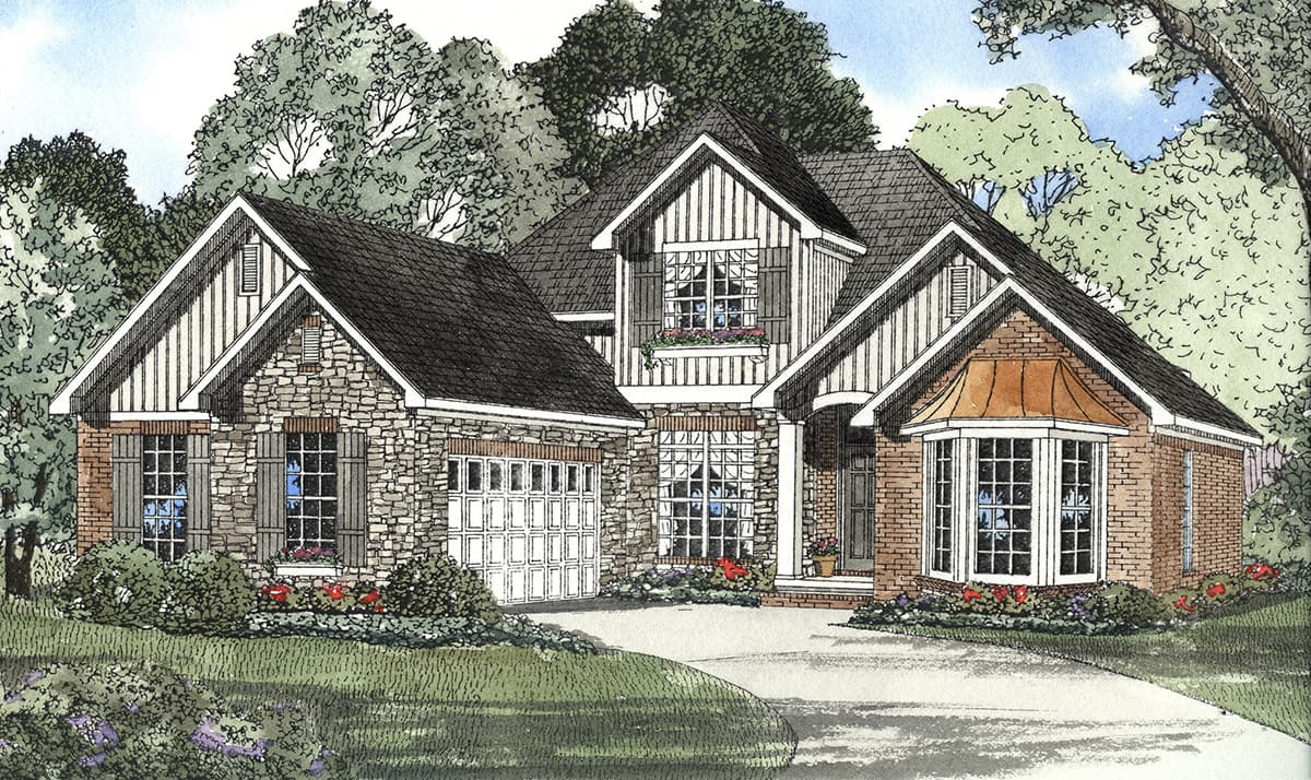 House plan exterior with stone and brick facade, attached garage, multiple gables, dormers, and bay window.