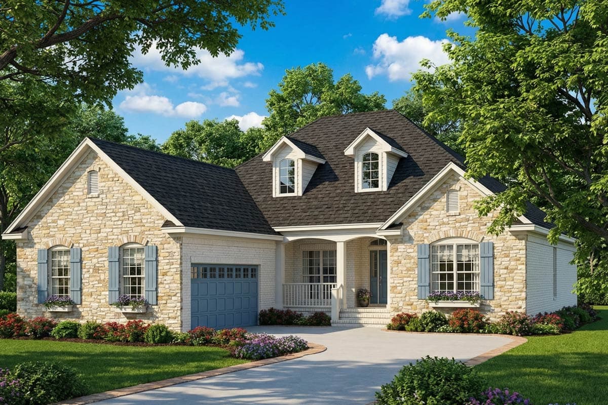 House plan exterior. Stone and brick facade with gabled dormers, covered entryway, and side-facing garage.