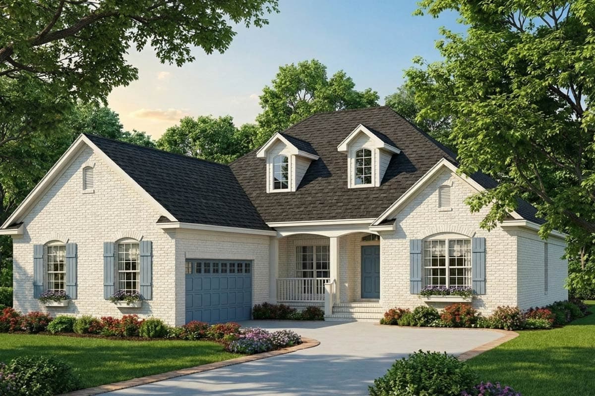 House plan exterior: brick, one-story, side-entry garage, dormers, gabled entrance with porch.