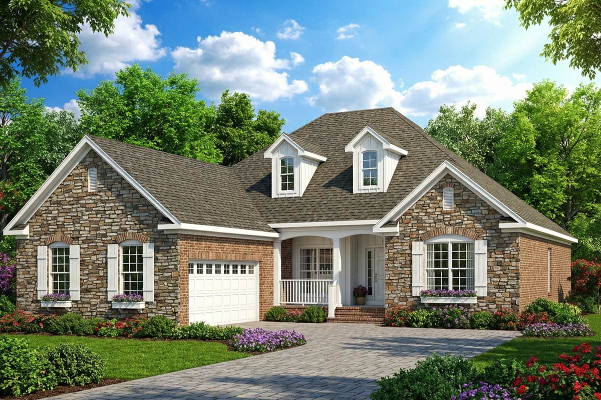 A stone and brick house with a paved driveway. Features include a white garage door, dormer windows, and lush landscaping on a sunny day.