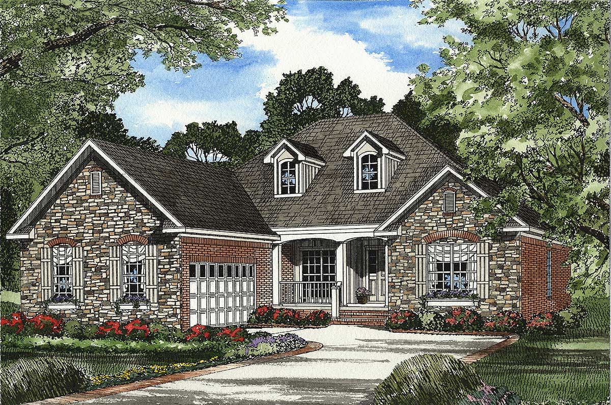 House plan exterior with stone and brick facade, prominent gables, dormers, and covered front entry.