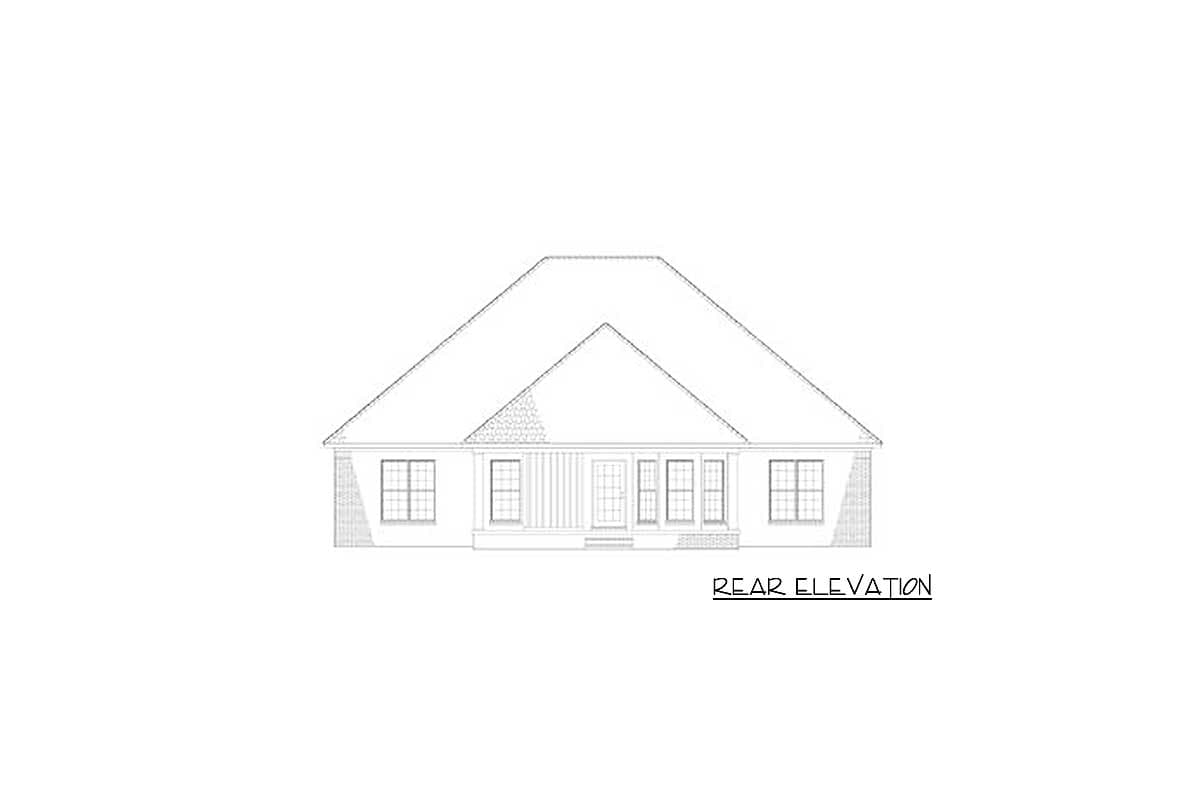 Rear elevation drawing of a single-story house plan with a prominent hip roof and covered porch with French doors.