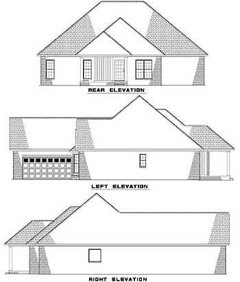 House plan rear, left, and right elevations showing a single-story home with a gable roof, attached garage, and front porch.