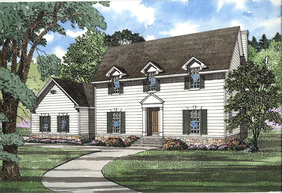 Two-story house plan exterior with white siding, dormer windows, central portico entrance, and attached garage.