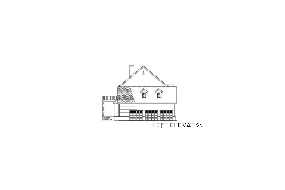 Left elevation house plan showing a two-story structure with a gable roof, dormer windows, a chimney, and a three-car garage.