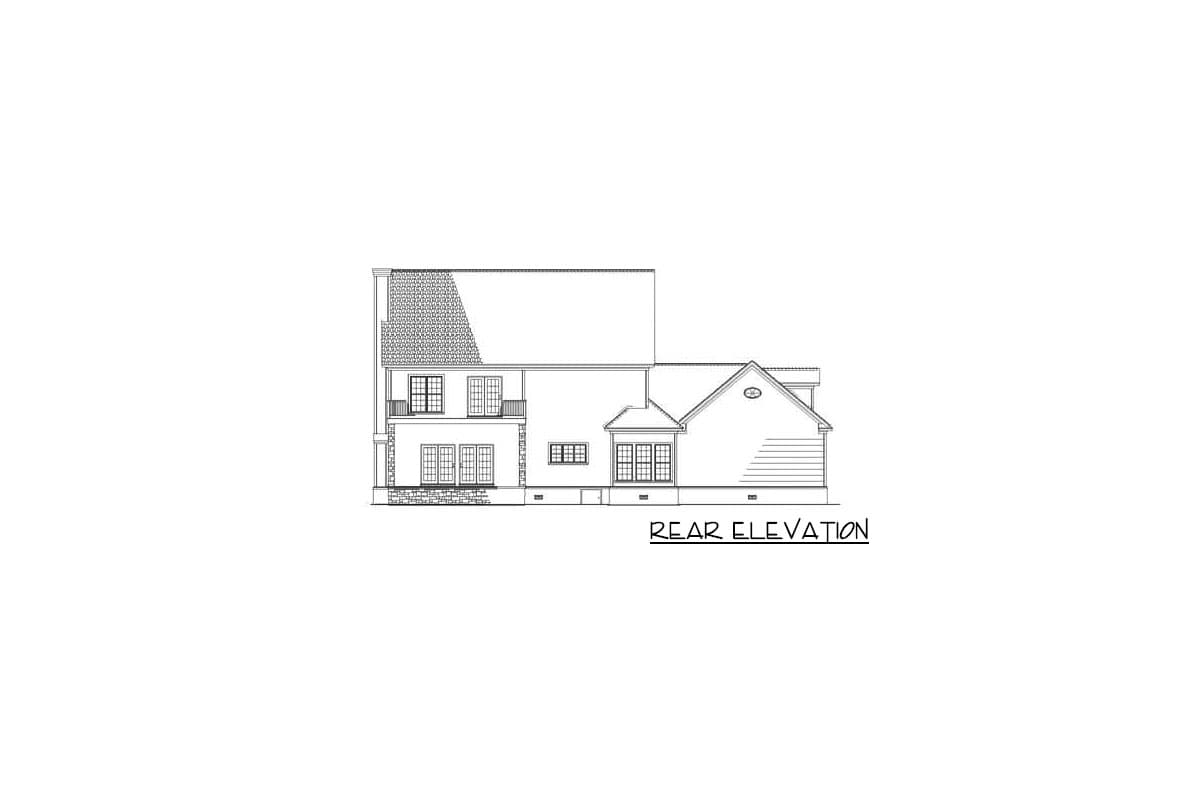 Rear elevation drawing of a two-story house plan with balconies, gables, and multiple window styles.
