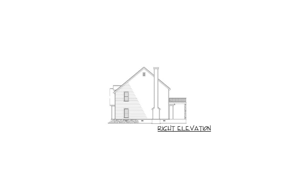 Right elevation drawing of a two-story house plan with gabled roof, chimney, and covered porch.