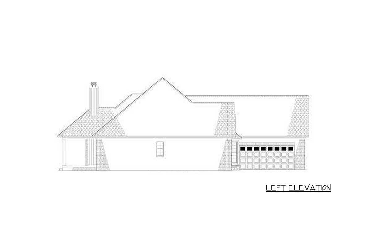 Left elevation drawing of a house plan showing a covered porch, chimney, one window, and a two-car garage.