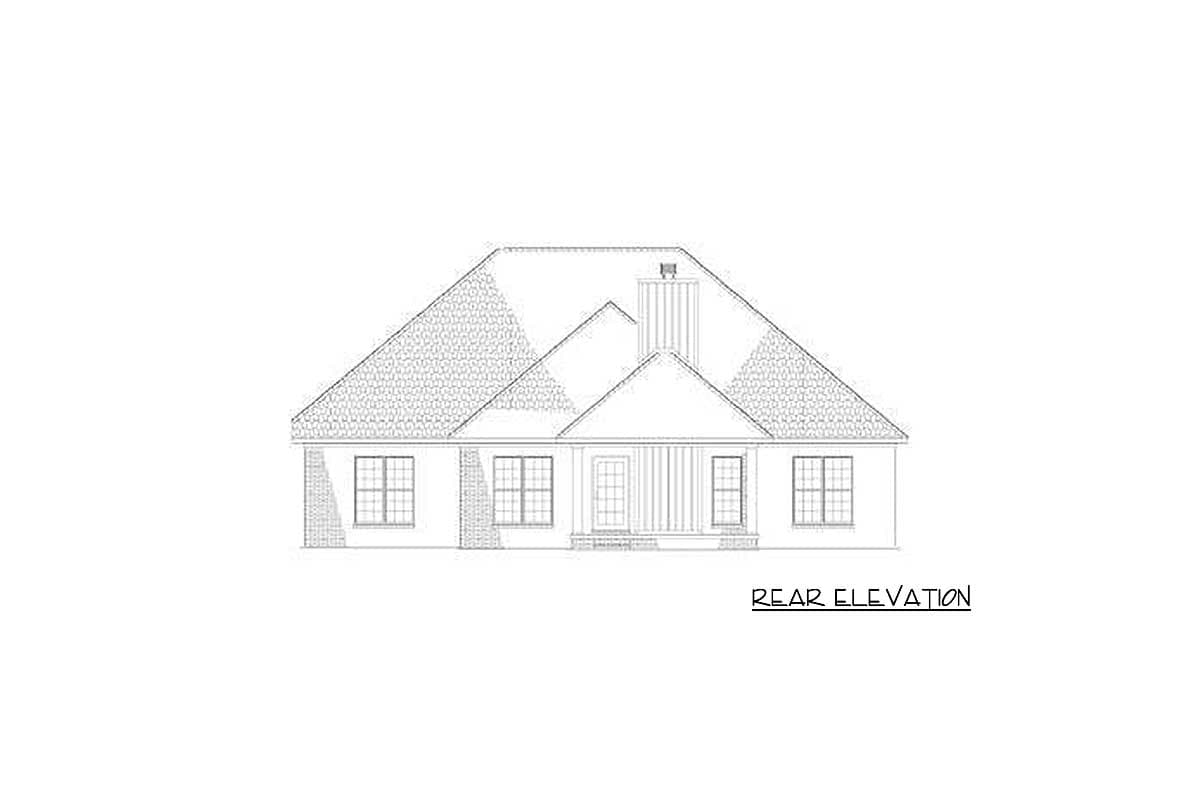 Rear elevation drawing of a one-story house with a prominent gable, covered rear entry, and multiple windows.