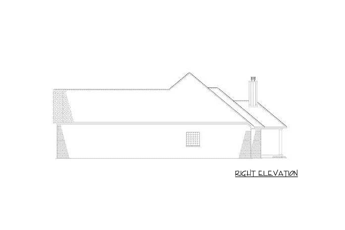 House plan right elevation drawing with pitched roof, chimney, covered porch, and stone accents.