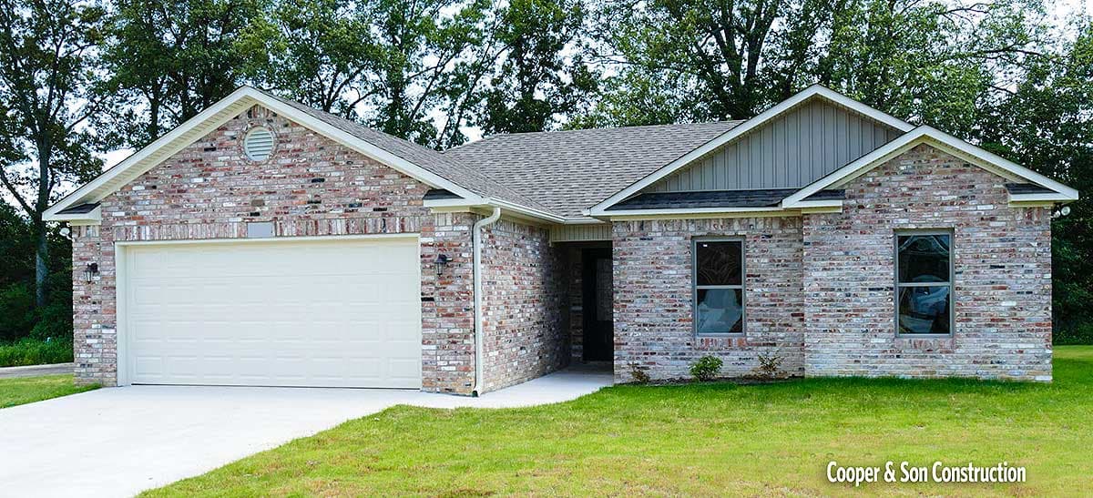 One-story house plan exterior with brick facade, attached garage, gable roof, and two front windows.