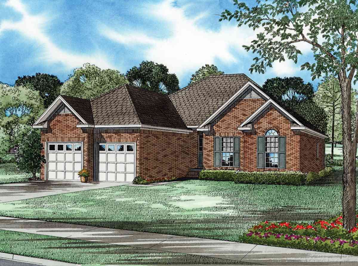 House plan exterior: brick 1-story home with a two-car front-facing garage, gabled dormers, and an arched window.