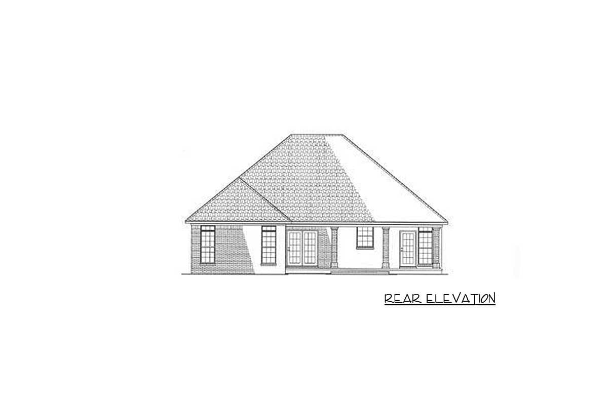 Rear elevation of a house plan showing a symmetrical facade with a hip roof, double doors, and brick accents.