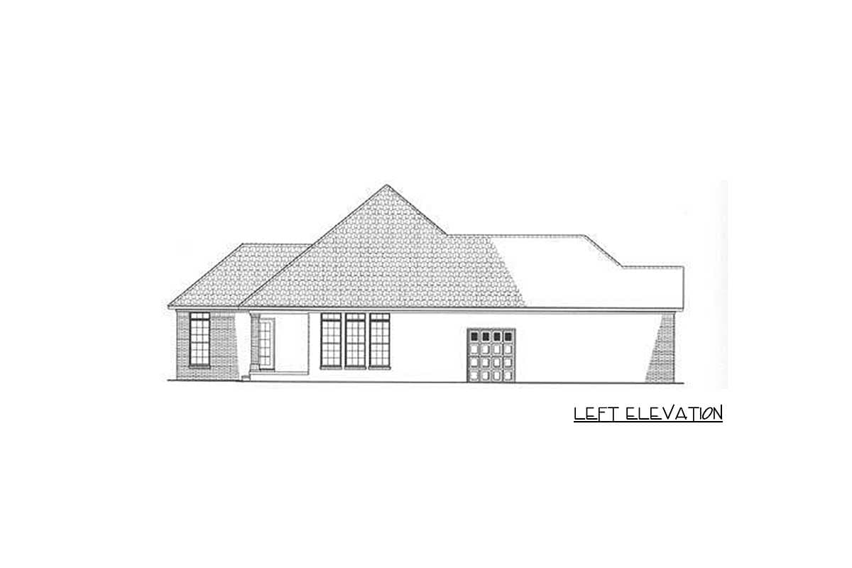 Left elevation house plan showing a single-story home with a prominent hip roof, brick accents, multiple windows, and a garage door.