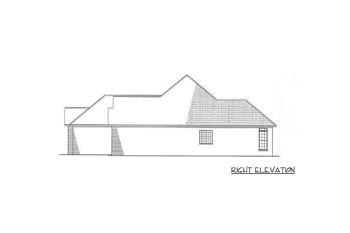 Right elevation drawing of a house plan featuring a hip roof, gabled dormer, and brick detailing on the lower exterior.