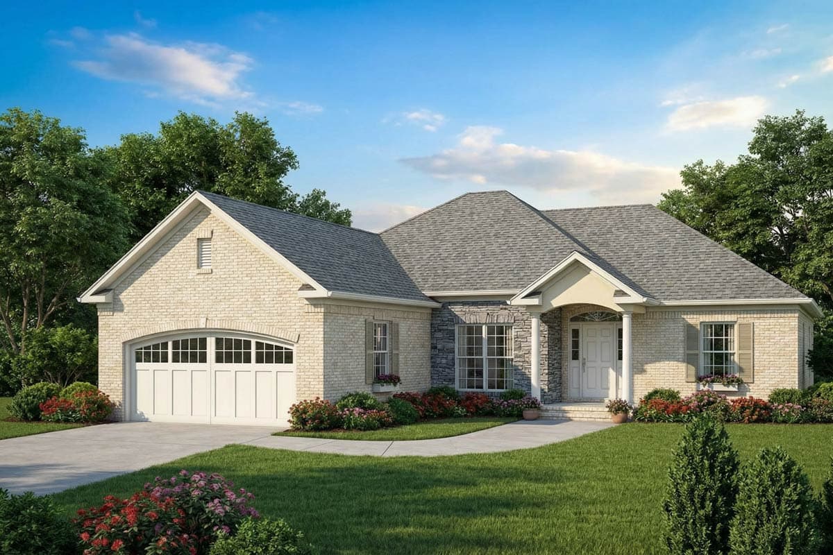 Ranch house plan exterior with a two-car garage, brick facade, stone accents, and covered entry.
