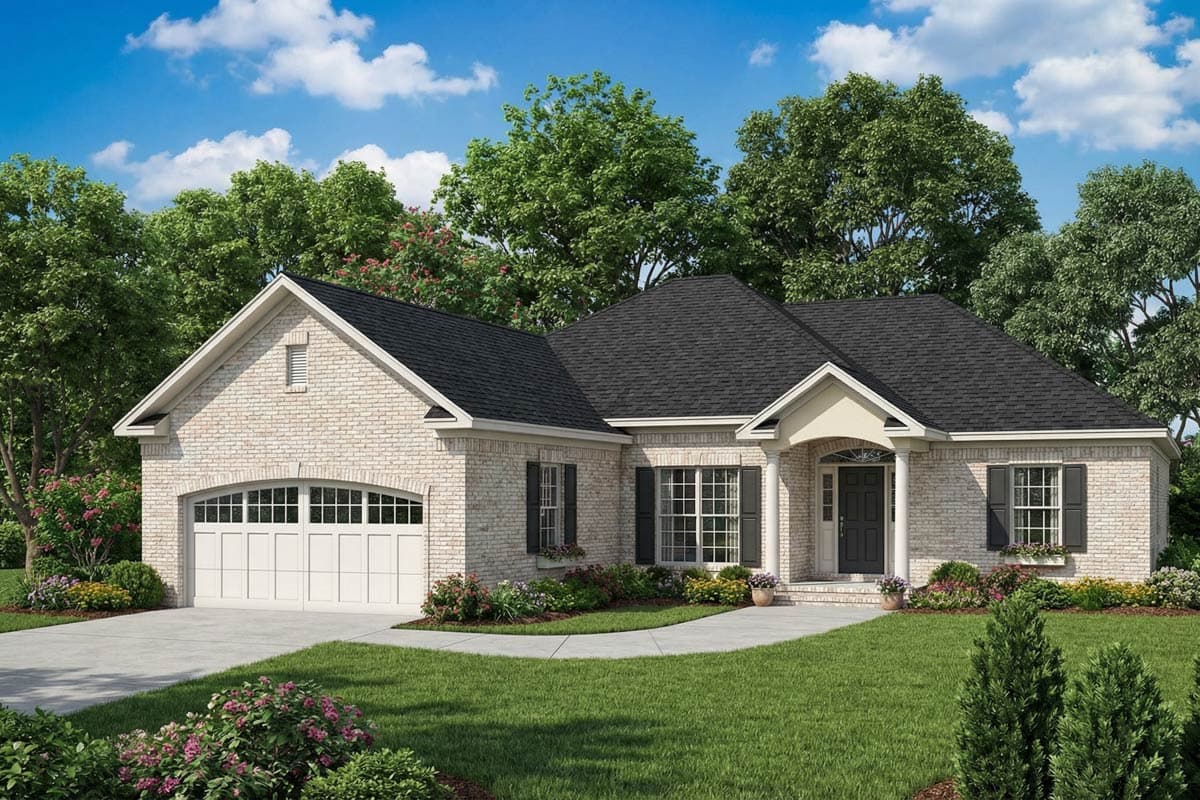 A rendered image of a single-story brick home featuring a black shingle roof, arched garage, and a lush green lawn surrounded by mature trees.