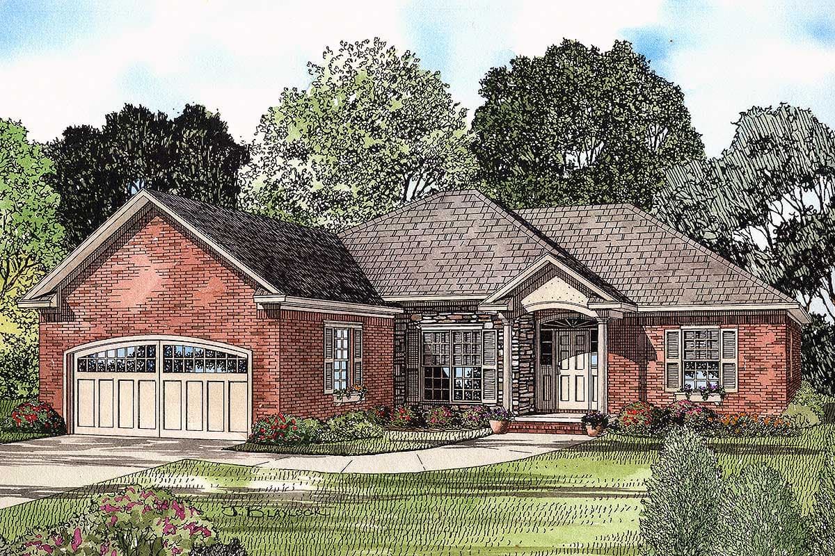 House plan exterior: Brick ranch with a two-car side-entry garage, prominent front gable, and covered entry.