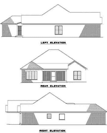 House plan elevations: left, rear, and right views showing rooflines, windows, and a covered rear porch.