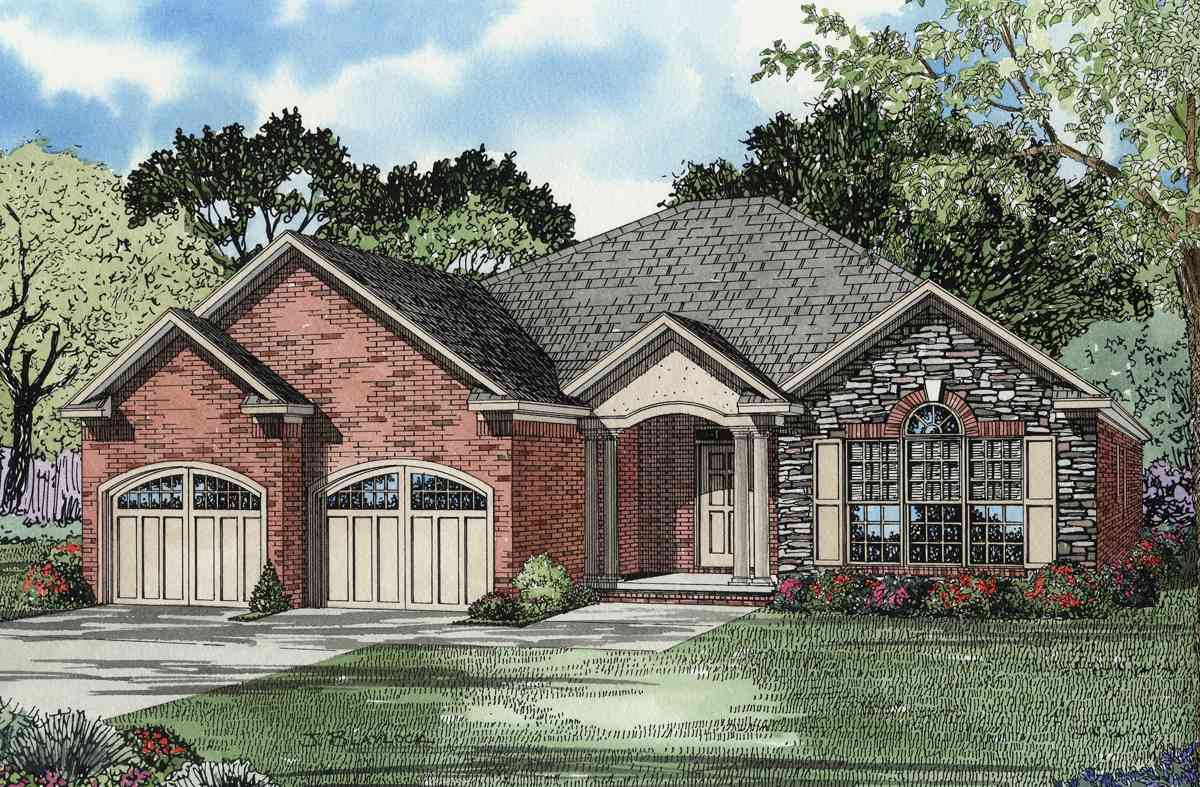 House plan exterior: Brick and stone ranch with arched garage doors, covered entry porch, and multi-pane arched window.