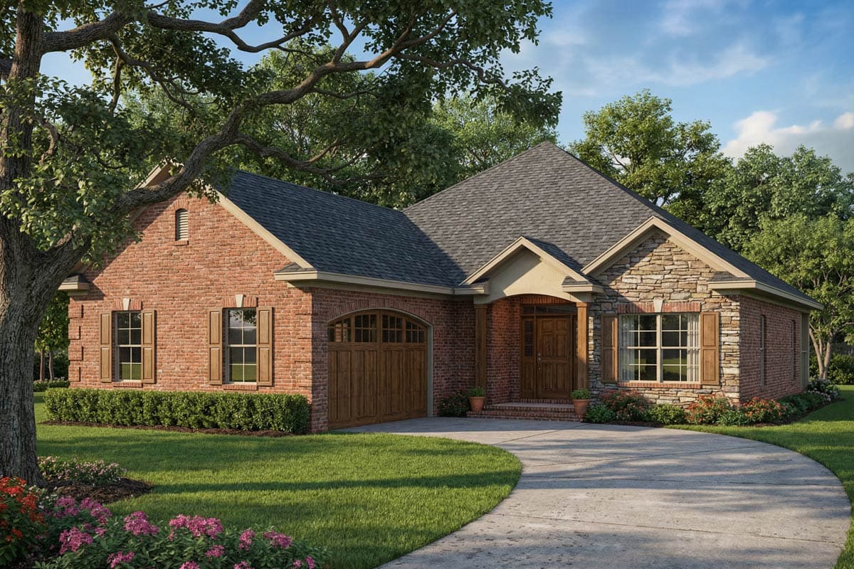 House plan exterior featuring a brick facade, stone accents, and a gabled roof. Includes a front entry porch and attached garage.