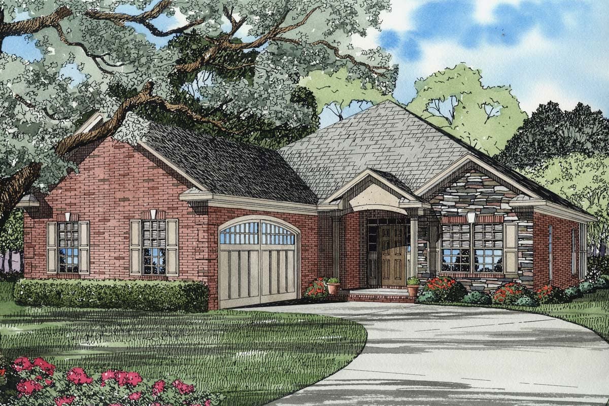 House plan exterior: one-story brick home with stone accents, arched garage door, covered porch with columns, and gable rooflines.