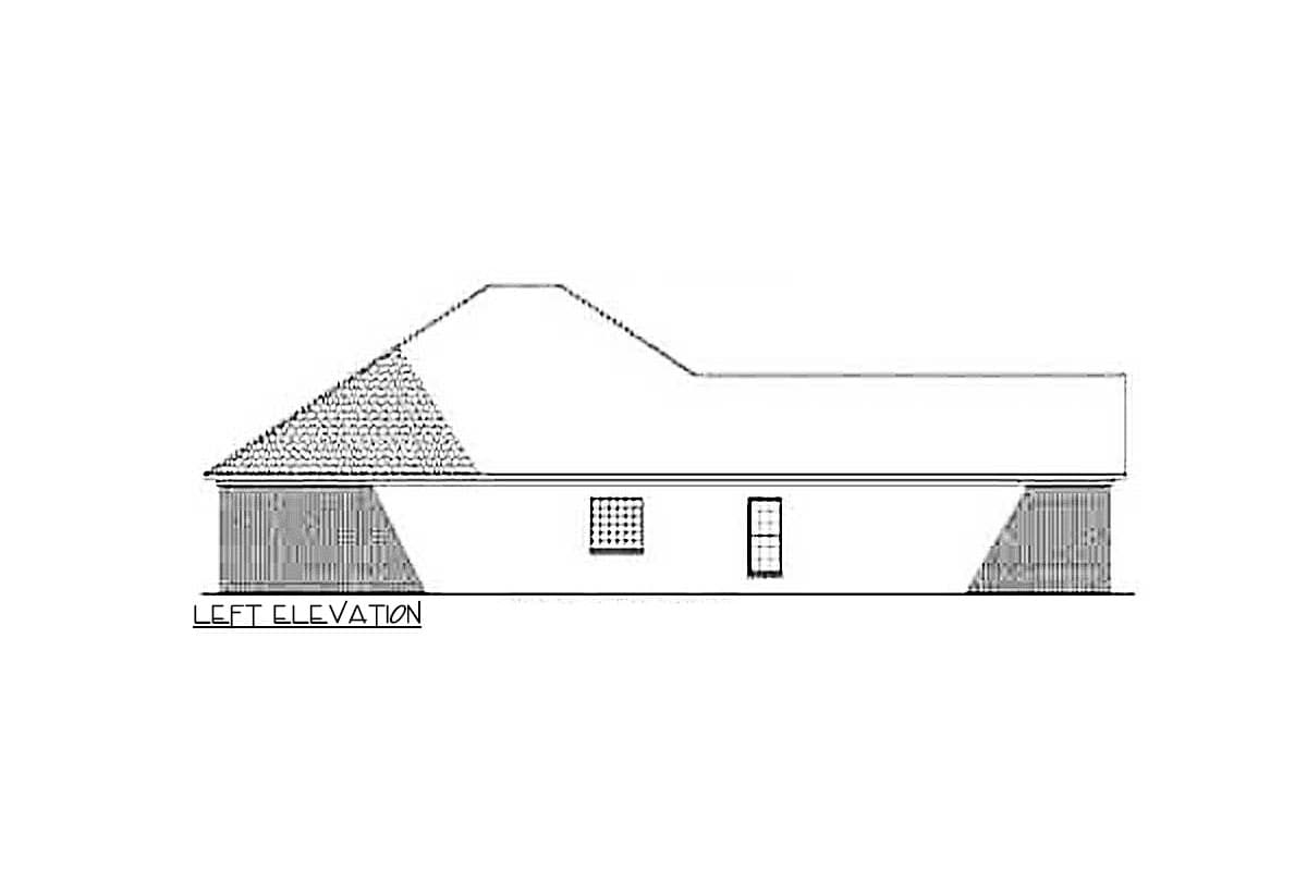 Left elevation drawing of a house plan showing a sloped roof with gabled end, two windows, and shaded areas indicating foundations.