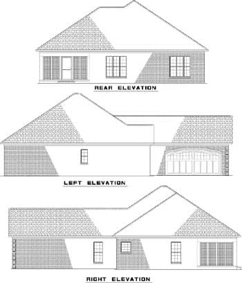 House plan rear, left, and right elevations showing rooflines, windows, and an arched garage.